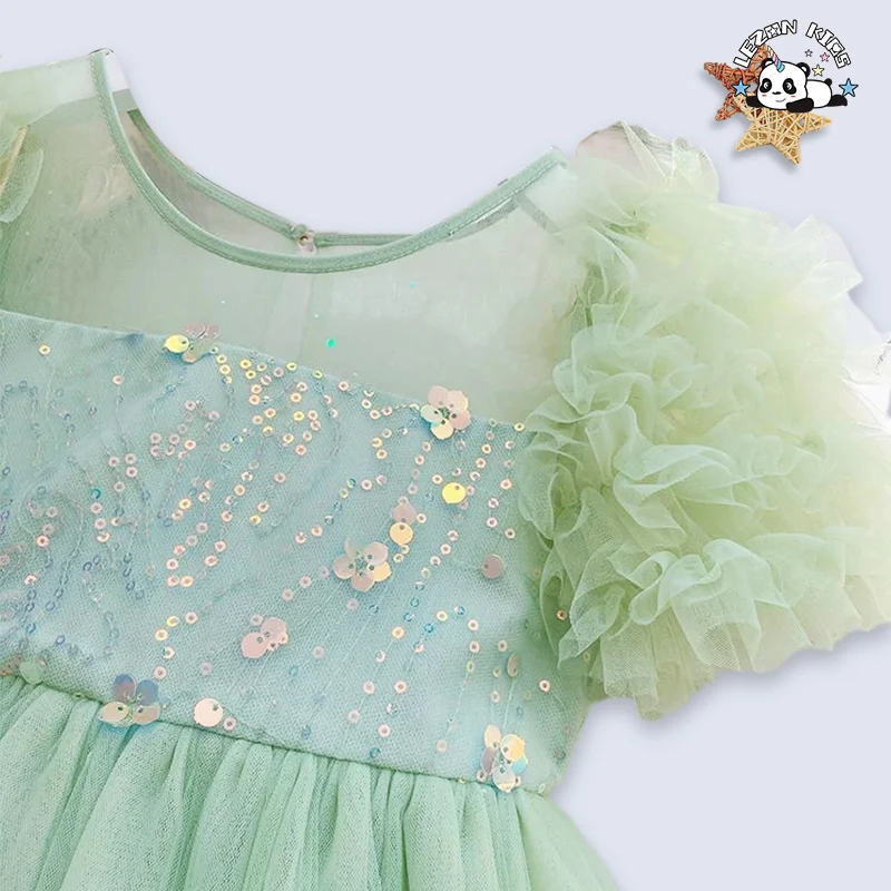 LEZONKIDS - 2024 Hot Sale Short Puff Sleeve Beautiful Girls Princess Tulle Dress for 8T Children Clothing